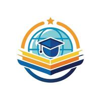 un logo presentando un graduación gorra metido en parte superior de un libro, simbolizando un colegio o educativo institución, sencillo icono para un en línea aprendizaje plataforma, minimalista sencillo moderno logo diseño vector