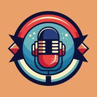 Close-up of a microphone with a red and blue microphone on top, against a plain background, Podcast radio logo icon. illustration vector