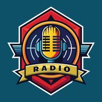 A microphone wrapped with a ribbon that reads radio in a studio setting, Podcast radio logo icon. illustration vector