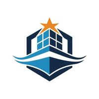 A building with a star on its roof, standing out in the urban skyline, Simplifying the idea of shipping into a visually striking logo vector