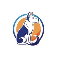 A dog sitting in front of a vibrant orange and blue circle, pet care logo design with dog line style vector