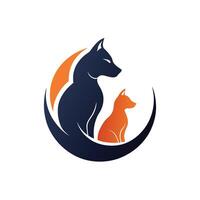 A cat and a dog are sitting together in a circle, Sleek logo featuring a silhouette of a cat and dog, minimalist simple modern logo design vector