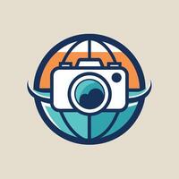 Silhouette camera with globe inside, against vibrant orange and blue background, Simple silhouette of a camera with a globe inside, minimalist simple modern logo design vector