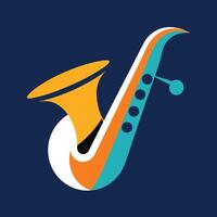 A saxophone displayed against a vivid blue background, showcasing its musical form and design, Visualize the sound of a saxophone in a geometric form, minimalist simple modern logo design vector