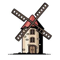 Cartoon flat illustration mill for production of flour from grain. agricultural construction. village building. Dutch landscape.stone windmill. natural view from trees. Europe tourist attraction. vector