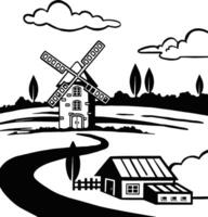 Farm and field black . Retro rural landscapes. illustration vector