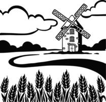 Landscape with windmill black and white. illustration vector