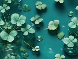 Vintage Seamless pattern of four leaf clover floating on water with texture effect. photo