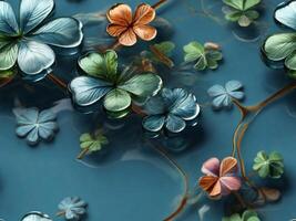 Vintage Seamless pattern of four leaf clover floating on water with texture effect. photo