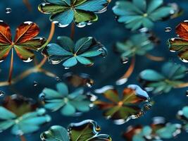Vintage Seamless pattern of four leaf clover floating on water with texture effect. photo