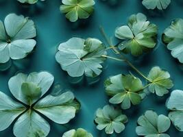 Vintage Seamless pattern of four leaf clover floating on water with texture effect. photo