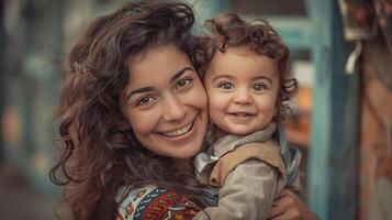 contento de la madre día. sonriente gente. Rizado mamá acurrucarse su bebé hijo en el calle. familia retrato foto