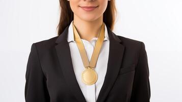 Businesswoman wearing gold medal photo