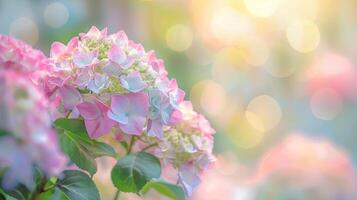 Hydrangea flowers soft pastel background. Bokeh effect. Copy space. photo