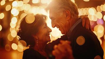 Happy romantic senior couple is hugging and dancing together. Bokeh light around. photo
