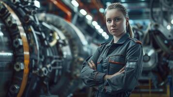 Woman at a mechanical engineering factory in uniform. The concept of women's work in male professions. photo