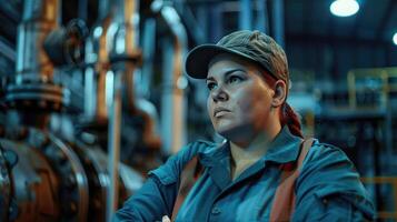 Plus size woman at a mechanical engineering factory in uniform. The concept of women's work in male professions. photo