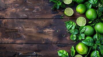 Fresh limes and green leaves on wooden table. Green citrus fruit background. Flat lay. Top view. Copy space. photo