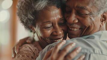 Happy romantic afican american senior couple is hugging and dancing together. photo