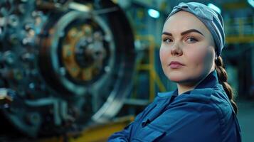 Plus size woman at a mechanical engineering factory in uniform. The concept of women's work in male professions. photo