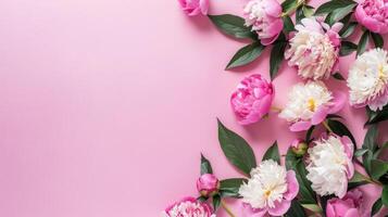 hermosa peonías en rosado antecedentes. plano laico con espacio para texto. parte superior vista. un tarjeta para Pascua de Resurrección, De las mujeres día, de la madre día, San Valentín día, cumpleaños. foto