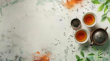 Teapot with cups, bowl of dry tea and leaves on white grunge background. Copy space. Top view. photo