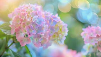 Hydrangea flowers soft pastel background. Bokeh effect. Copy space. photo