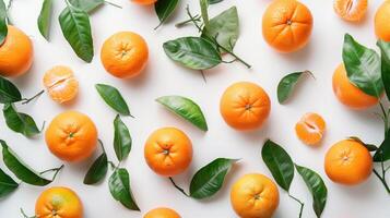 Fresh ripe tangerines and leaves on light white background. Flat lay, top view, copy space. photo