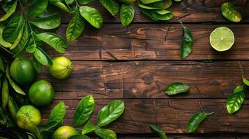 Fresh limes and green leaves on wooden table. Green citrus fruit background. Flat lay. Top view. Copy space. photo