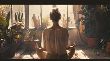 Woman meditating in a rustic cozy room among plants. Back view. Yoga lotus pose. Morning light, and soft dreamy atmosphere. photo