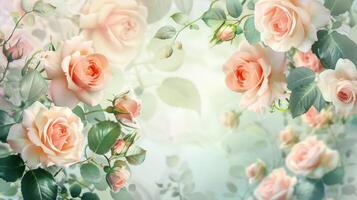Summer blossoming delicate roses on bokeh background. Pastel and soft floral card. Copy space. photo