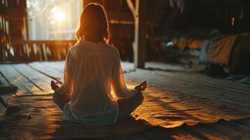 mujer meditando en un rústico acogedor habitación. espalda vista. yoga loto pose. Mañana luz, y suave soñador atmósfera foto