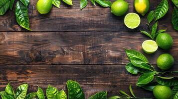 Fresh limes and green leaves on wooden table. Green citrus fruit background. Flat lay. Top view. Copy space. photo