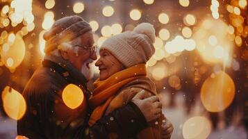 contento romántico mayor Pareja es abrazando en invierno hora afuera. bokeh ligero alrededor. foto