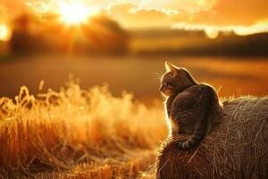 sereno puesta de sol serenata con un contemplativo gato en un Paja bala en el campo foto