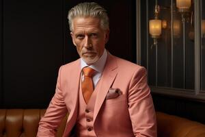 Distinguished Gentleman in Peach Fuzz colore suit Ensemble Poised in Elegant Repose photo