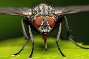 Intricate Encounter.A Magnified Moment of a Fly Alighting on a Leaf photo