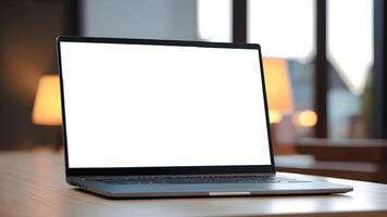 Laptop with white blank screen on wooden table with blurred background photo