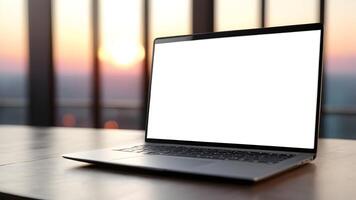 Laptop with white blank screen on wooden table with blurred background photo