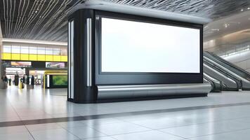 Blank horizontal poster in public place. Billboard mockup near to escalator in a mall, shopping center, airport terminal, office building or subway station. photo