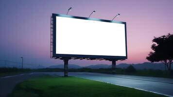 Blank white large horizontal billboard at twilight for advertising placement. photo