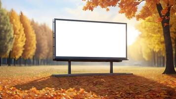 Blank horizontal billboard for advertising on blurred autumn garden background photo