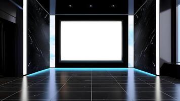 Indoor blank white LED screen for advertisement placement, Modern blank lcd screen against a black marble wall photo