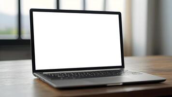 Laptop with white blank screen on wooden table with blurred background photo