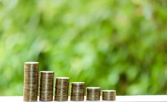 Business Finance and Money concept, Money coin stack growing graph with green tree bokeh background,investment concept photo