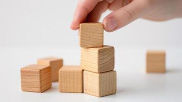 Hand putting and stacking blank wooden cubes on table with copy space can add text or icon photo