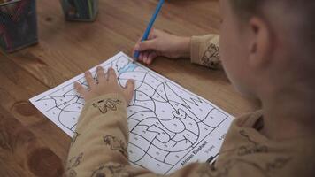 en studerande flicka målarfärger en teckning med en färgad penna medan Sammanträde på de bord.skola för barn, undervisning tonåringar, få kunskap, lära sig de språk. video