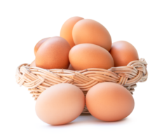Front view of fresh brown chicken eggs in stack in woven bamboo basket isolated with clipping path and shadow in file format png