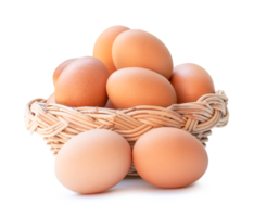 Front view of fresh brown chicken eggs in stack in woven bamboo basket isolated with clipping path and shadow in file format png