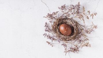 Homemade naturally colored egg in a nest and dried flowers on the table top view web banner photo